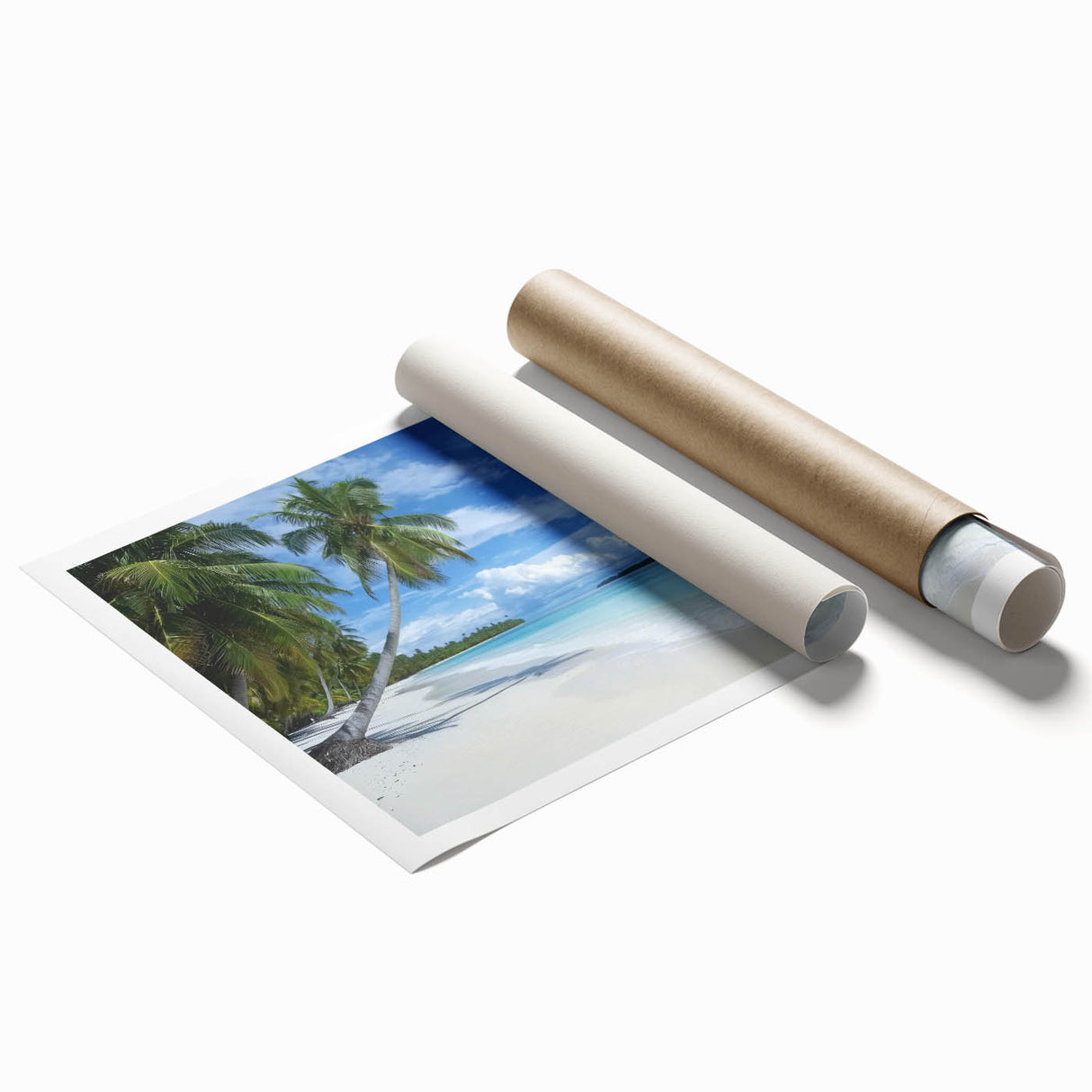 Vibrant rolled print showcasing a serene beach landscape with gentle waves and golden sand, packaged securely in a protective cardboard tube for safe shipping.