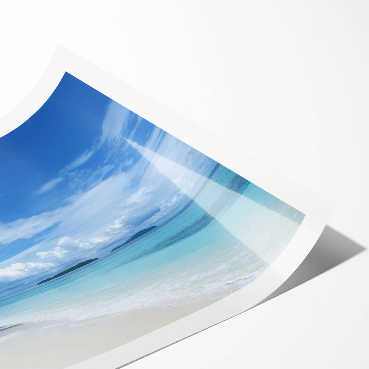 Stunning rolled canvas print showcasing a tranquil beach landscape, featuring soft waves and sandy shores, rolled for easy transport in a protective tube.