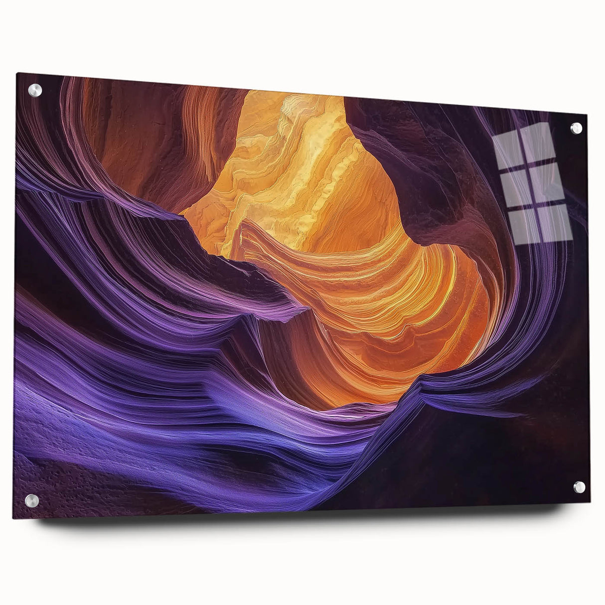 Acrylic glass artwork depicting vibrant canyons in a stunning landscape, showcasing rich colors and intricate details, framed with stylish pins for easy display.