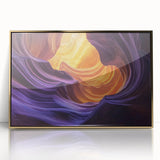 Framed acrylic artwork depicting a stunning landscape of canyons in golden hues, ideal for modern home decor. Perfect for adding elegance to living spaces.