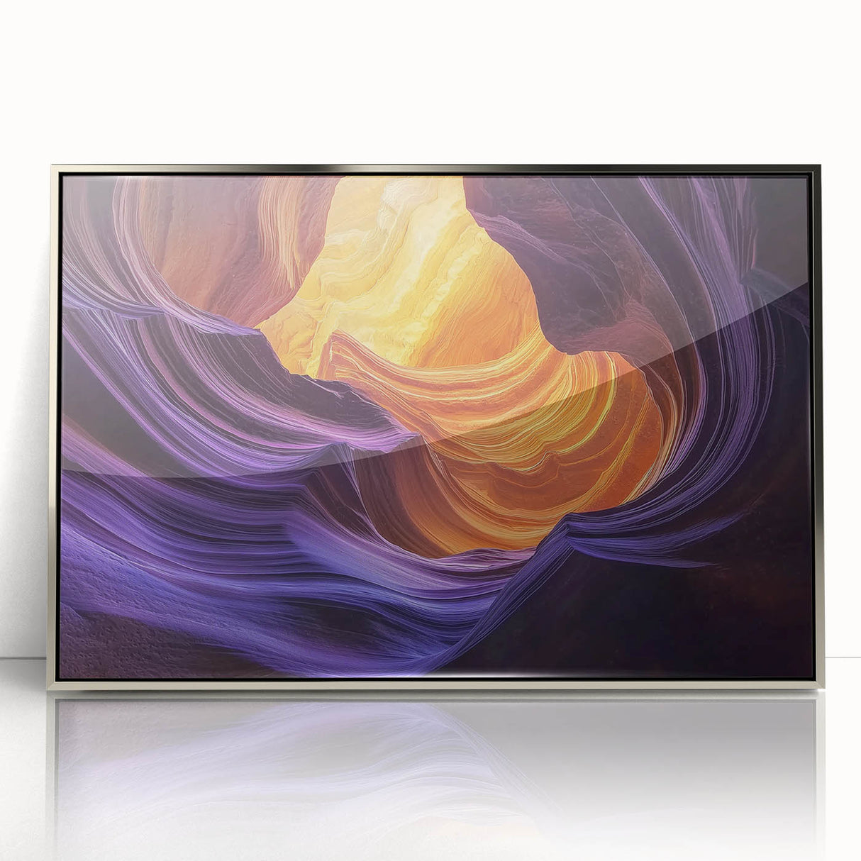 Framed acrylic artwork showcasing a stunning landscape of canyons in silver tones, designed for modern decor. Ideal for enhancing living spaces with nature-inspired aesthetics.