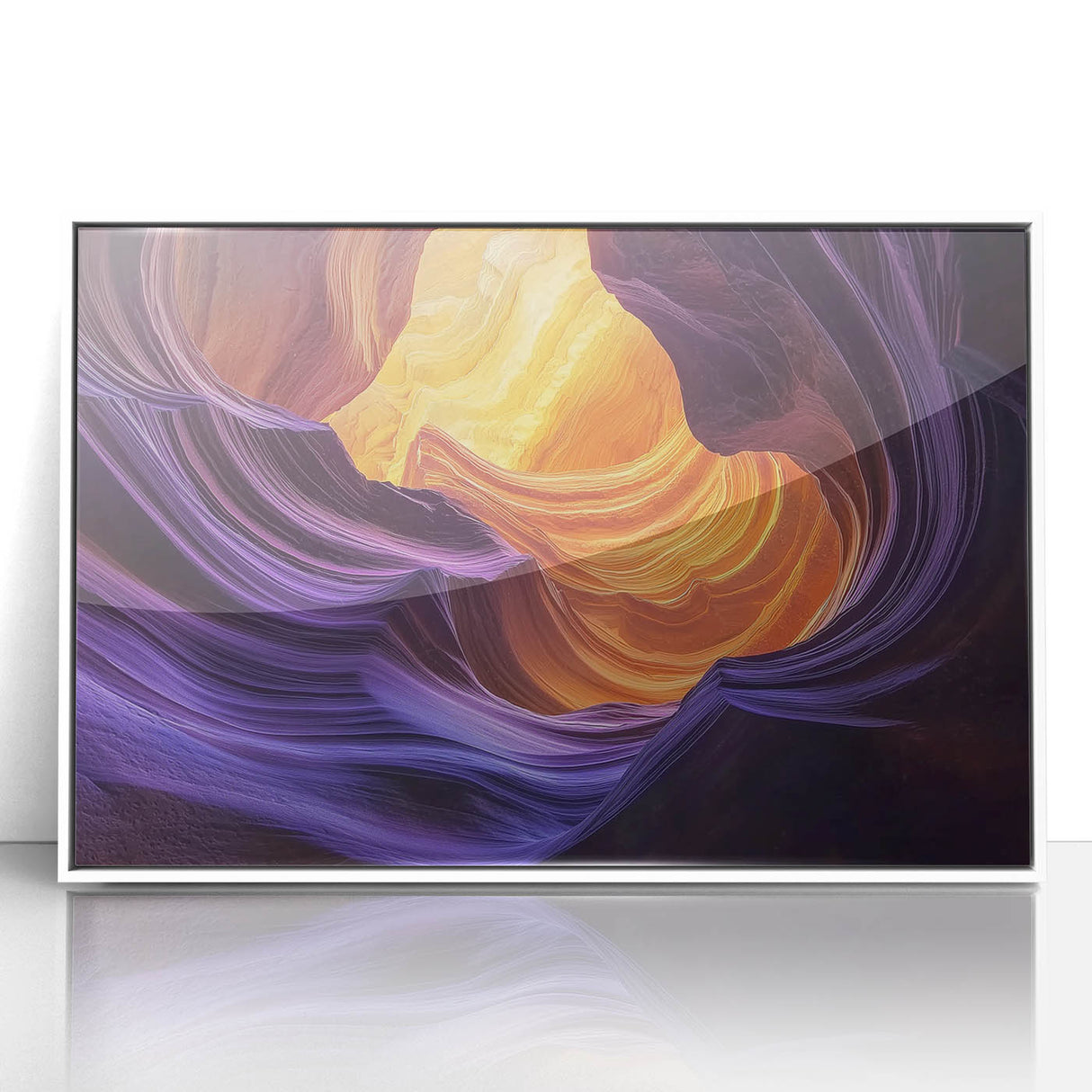 Framed acrylic landscape artwork depicting vibrant canyons in warm hues of orange and red, set against a white background, perfect for modern home decor.