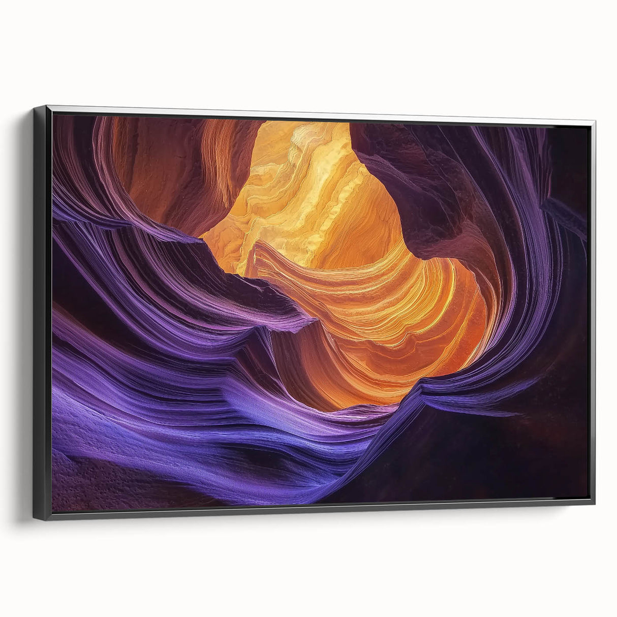 Framed landscape canvas depicting majestic canyons in earthy tones, showcasing a black frame and side view, perfect for enhancing home décor and interior design.
