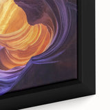 Close-up of a framed canvas depicting a vibrant landscape of canyons, showcasing intricate textures and warm earthy tones, perfect for home decor enthusiasts.