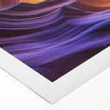 Stunning rolled canvas artwork depicting vibrant desert canyons at sunset, showcasing rich orange and purple hues. Ideal for enhancing interior decor.