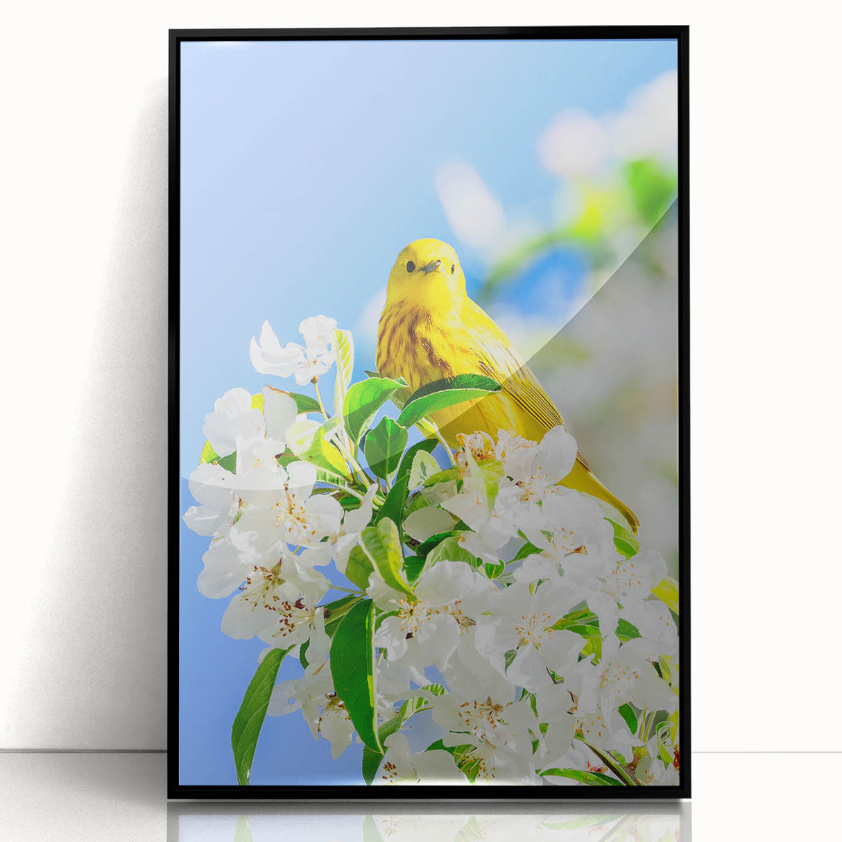 Large abstract wall art featuring vibrant spring colors on a black acrylic frame, ideal for modern living room decor.