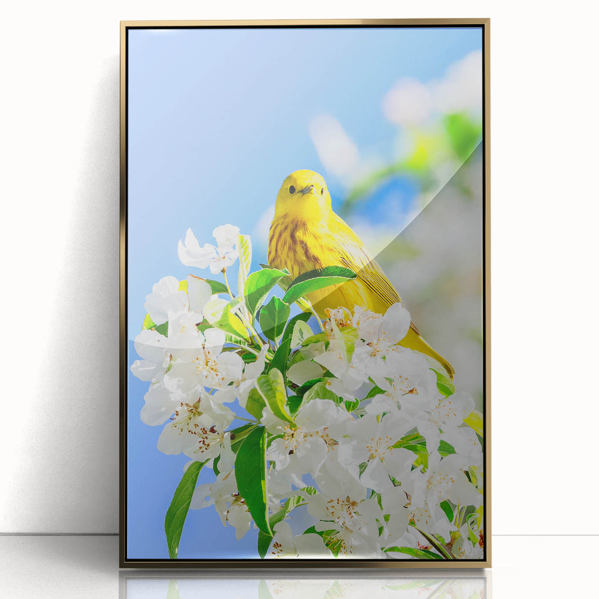 Large art print of a mid-century modernist spring scene in pastel shades, framed in gold acrylic.