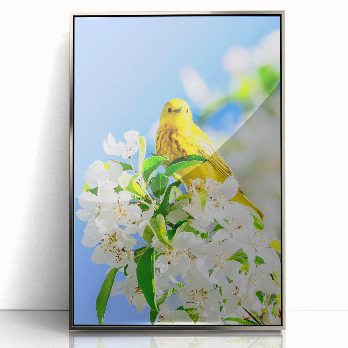 Mid-century modernist art depicting spring season in pastel shades, framed acrylic, ideal for nursery wall art.