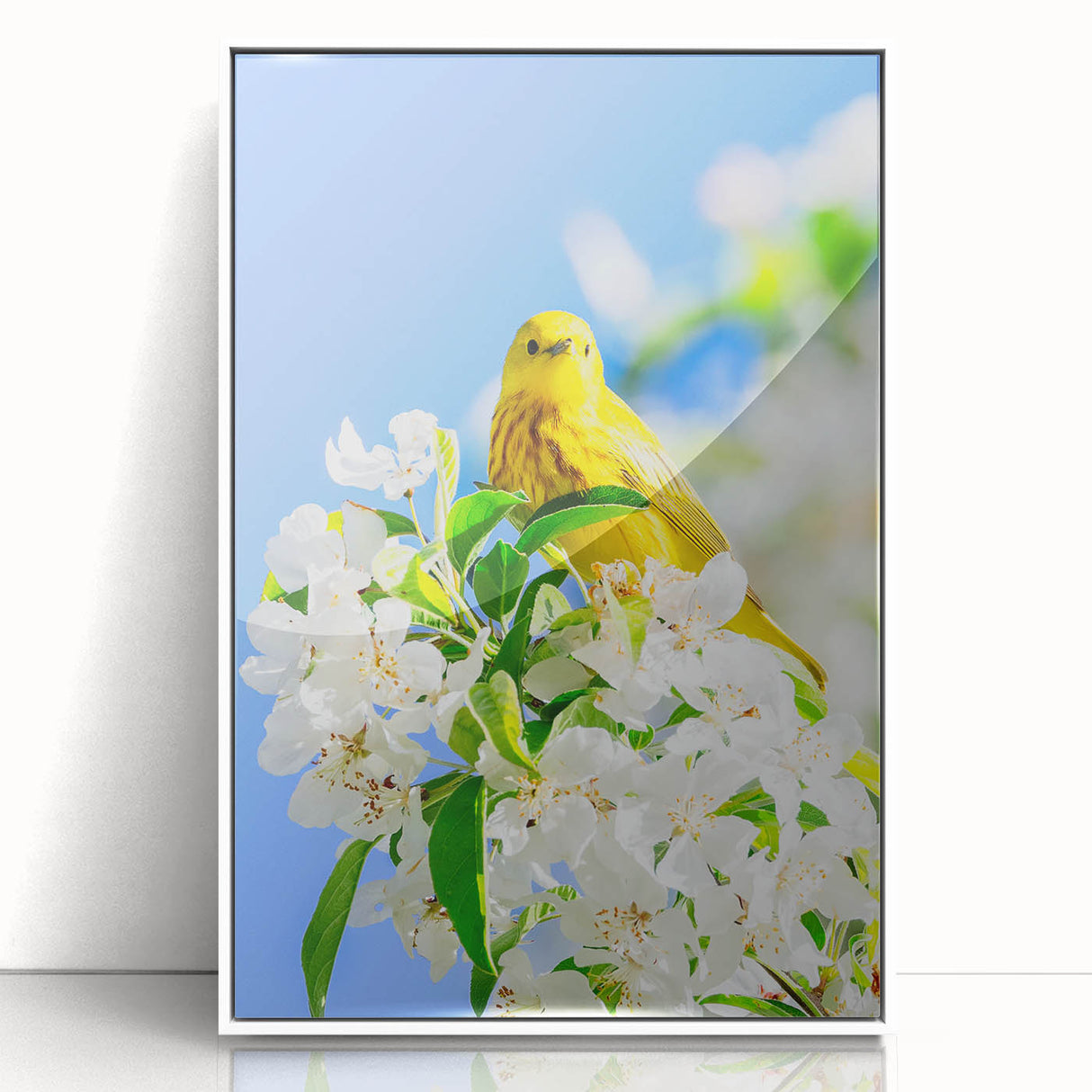 Art deco poster featuring a spring scene in pastel shades on white framed acrylic, suitable for nursery wall art.