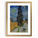 Abstract art print featuring swirling blue and yellow patterns on a gold-framed canvas, ideal for dining room decor.