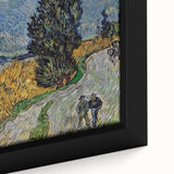 Close-up of a framed canvas featuring a textured, colorful interpretation of Van Gogh's style on a black background.
