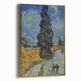 Vincent van Gogh landscape painting on framed canvas, featuring dark hues and vintage poster style.