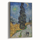 Framed canvas featuring a colorful Van Gogh landscape painting with silver frame, ideal for enhancing living room decor.