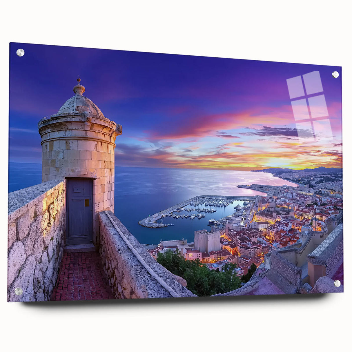 Acrylic glass artwork depicting a side view of a majestic castle surrounded by lush landscapes, elegantly mounted with pins for display. Perfect for enhancing home decor with a touch of elegance.