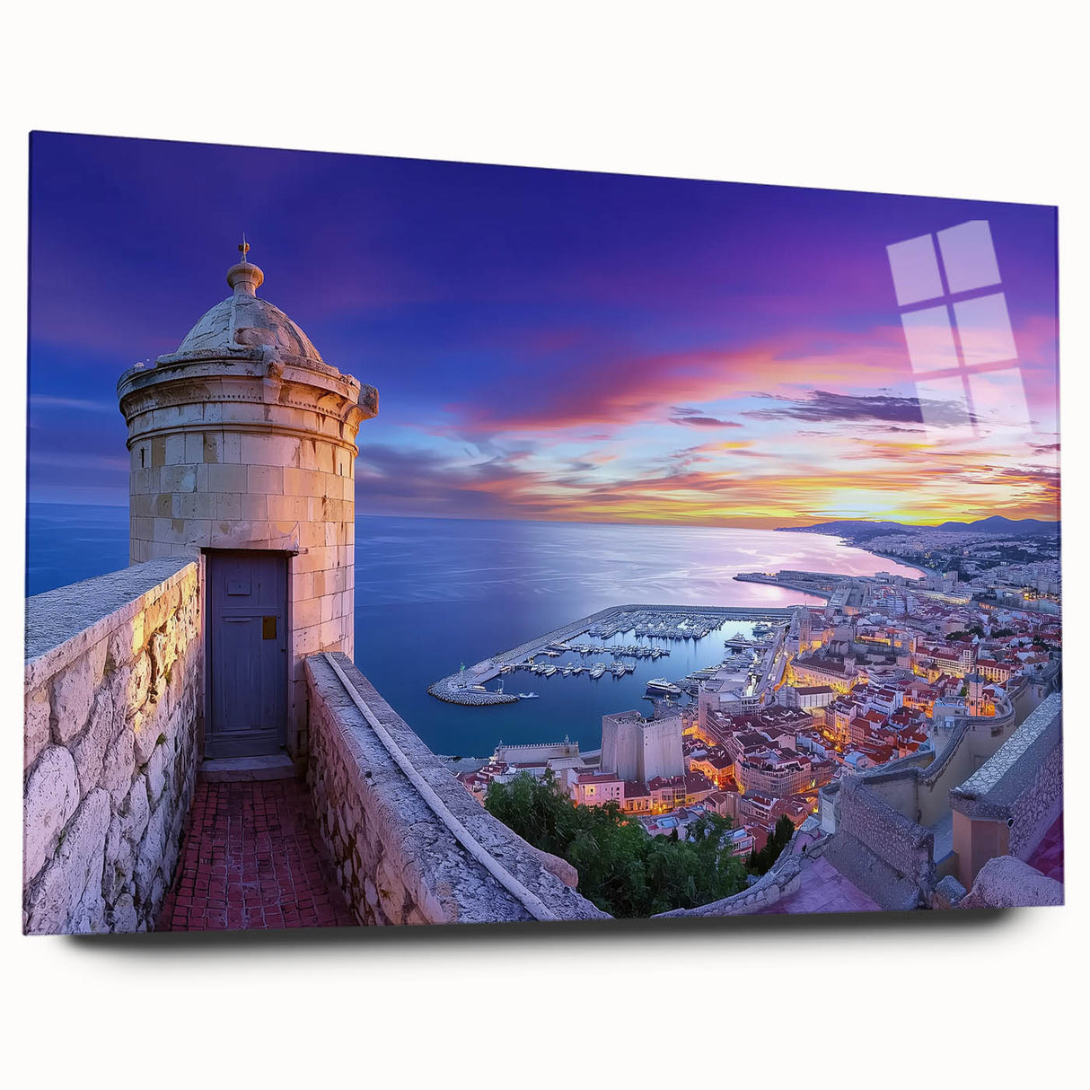 Acrylic glass artwork showcasing a stunning landscape view of a historic castle, emphasizing intricate details and vibrant colors, perfect for home decor.
