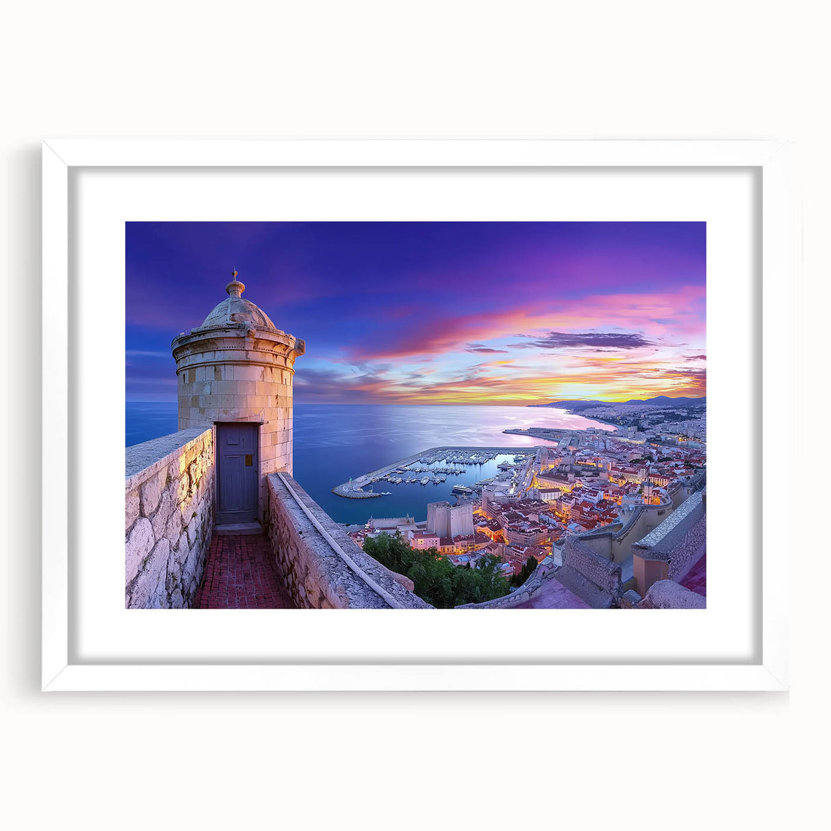Elegant landscape artwork of a castle framed in white with a mat, showcasing intricate details and vibrant colors, ideal for home decor enhancement.