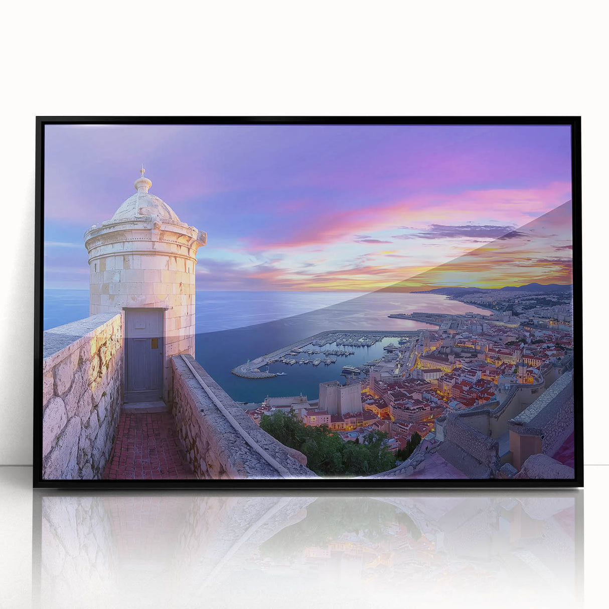 Framed acrylic artwork showcasing a stunning landscape featuring a majestic castle, set against a vibrant sky, with a sleek black frame enhancing its elegance.