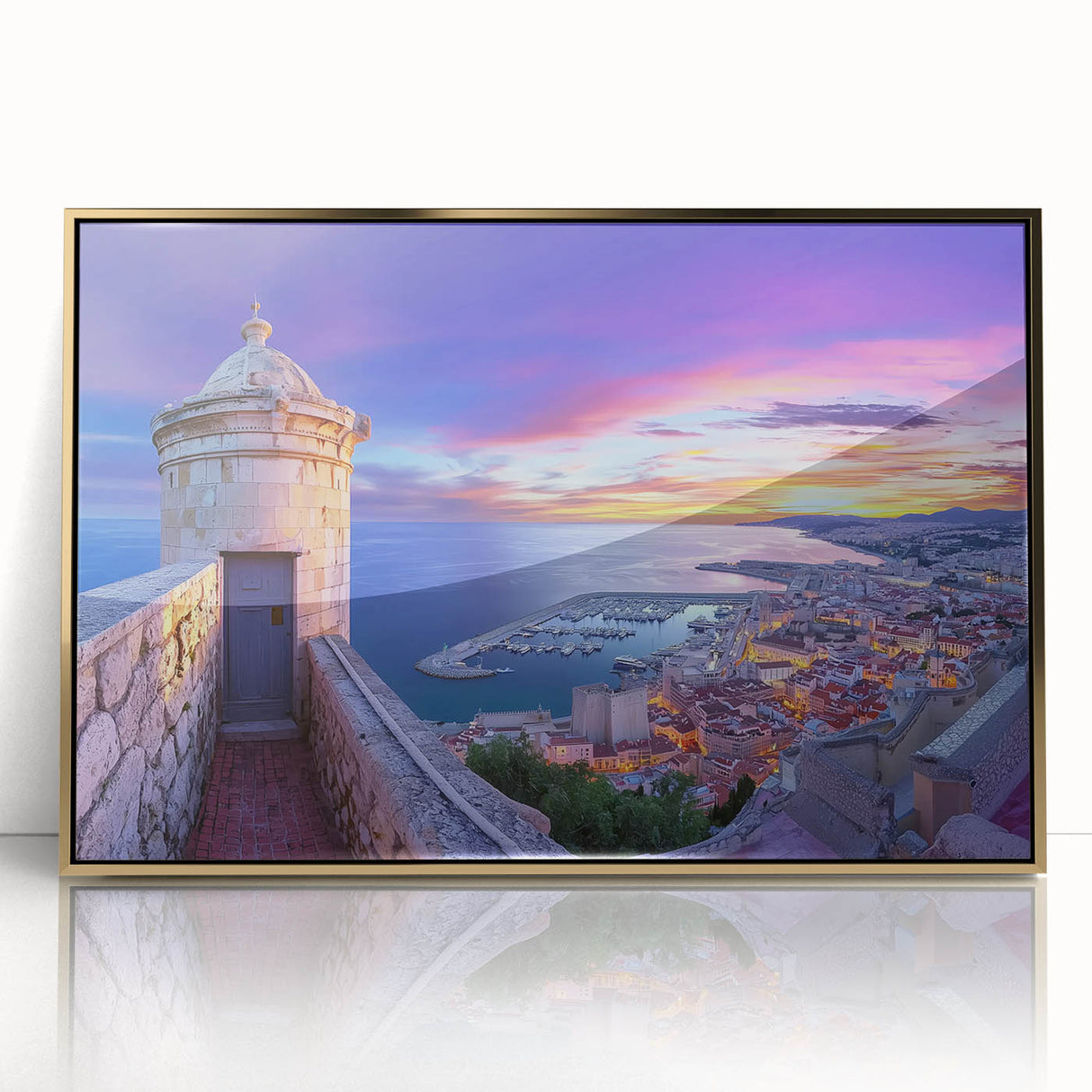 Framed acrylic artwork depicting a stunning landscape with a majestic castle, featuring intricate details and a gold frame, ideal for elegant home decor.