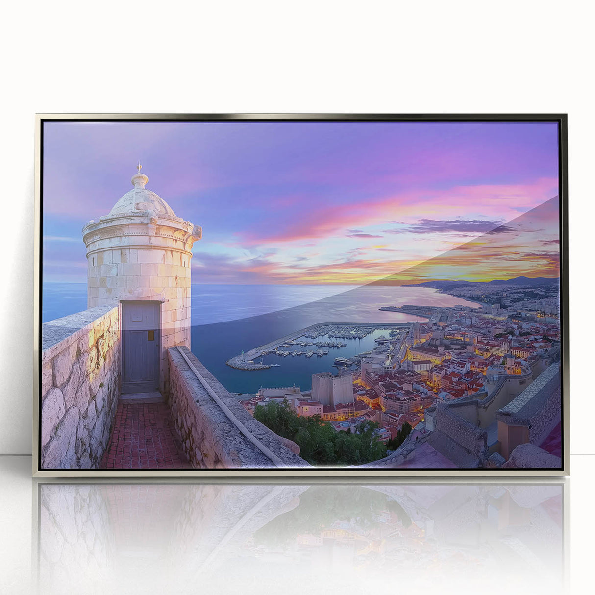 Framed acrylic artwork showcasing a picturesque landscape with a majestic castle, featuring vibrant colors and intricate details, perfect for home decor.