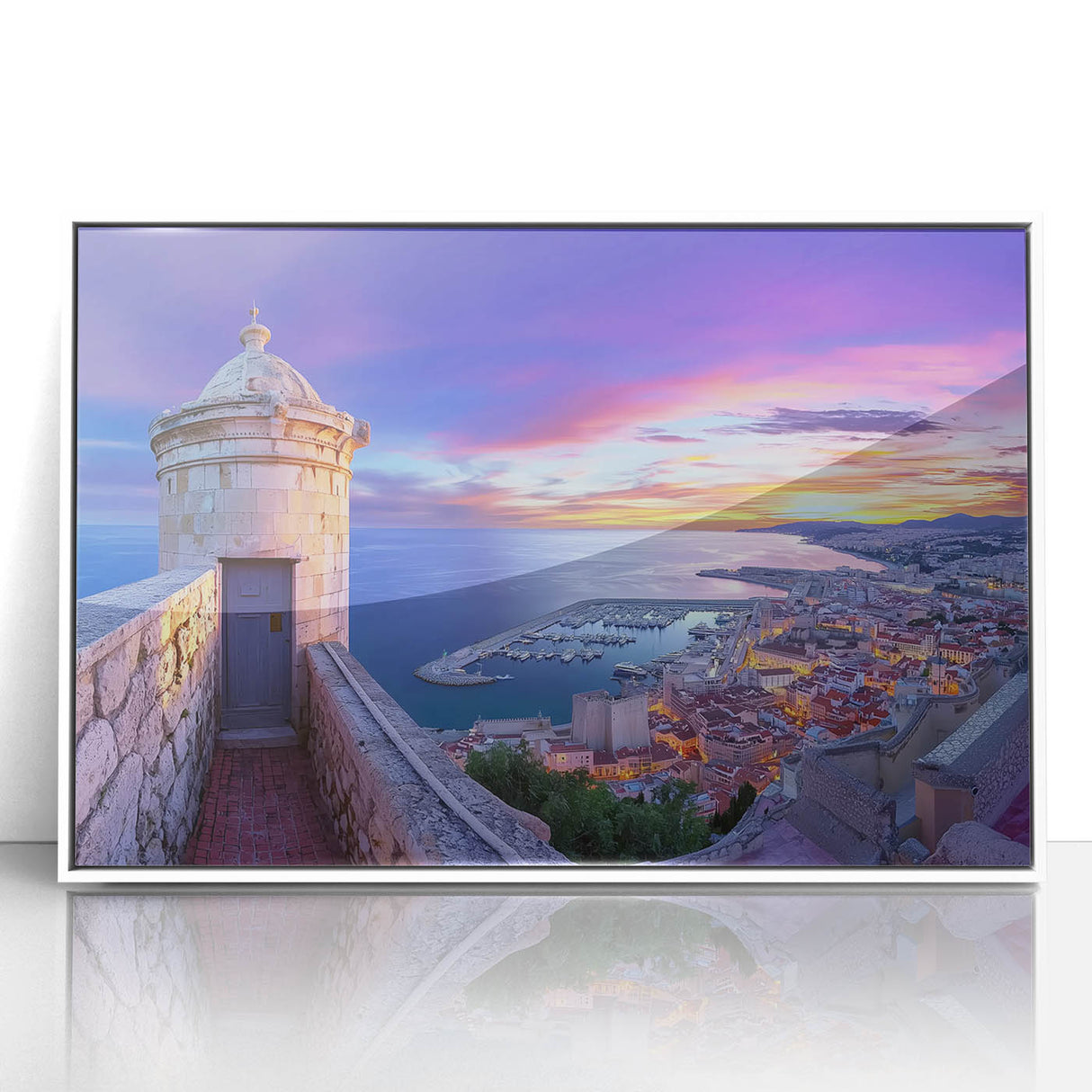 Framed acrylic landscape artwork depicting a majestic castle surrounded by lush greenery, presented in a sleek white frame, ideal for home decor enhancement.