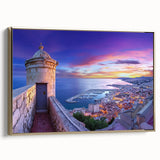 Framed canvas artwork showcasing a picturesque landscape with a majestic castle, adorned with a gold frame, perfect for elegant home decor. The vibrant colors and intricate details enhance any interior space, making it an ideal choice for those seeking sophistication in wall art.