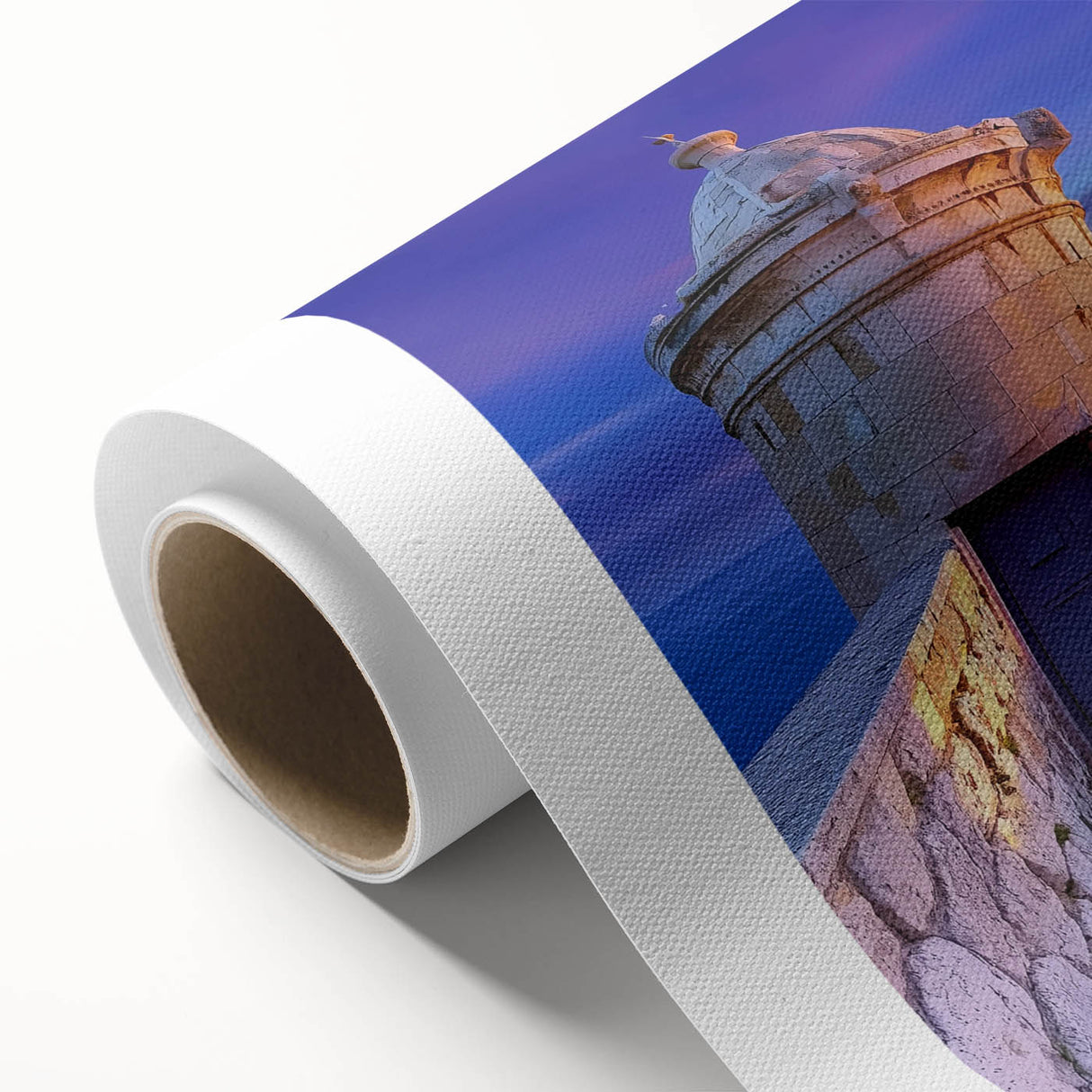 Rolled canvas artwork depicting a vibrant landscape with a majestic castle set against a dramatic sky. Perfect for enhancing home decor, it features rich colors and intricate details, ideal for art enthusiasts.