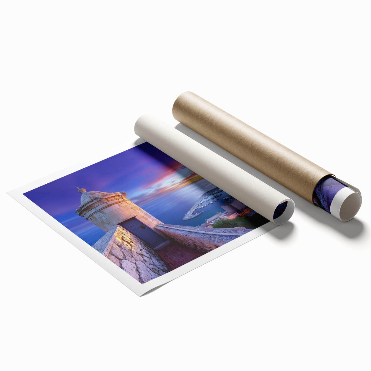 Scenic rolled print showcasing a vibrant landscape with a majestic castle surrounded by lush greenery, packaged securely in a protective cardboard tube, ideal for home decor.
