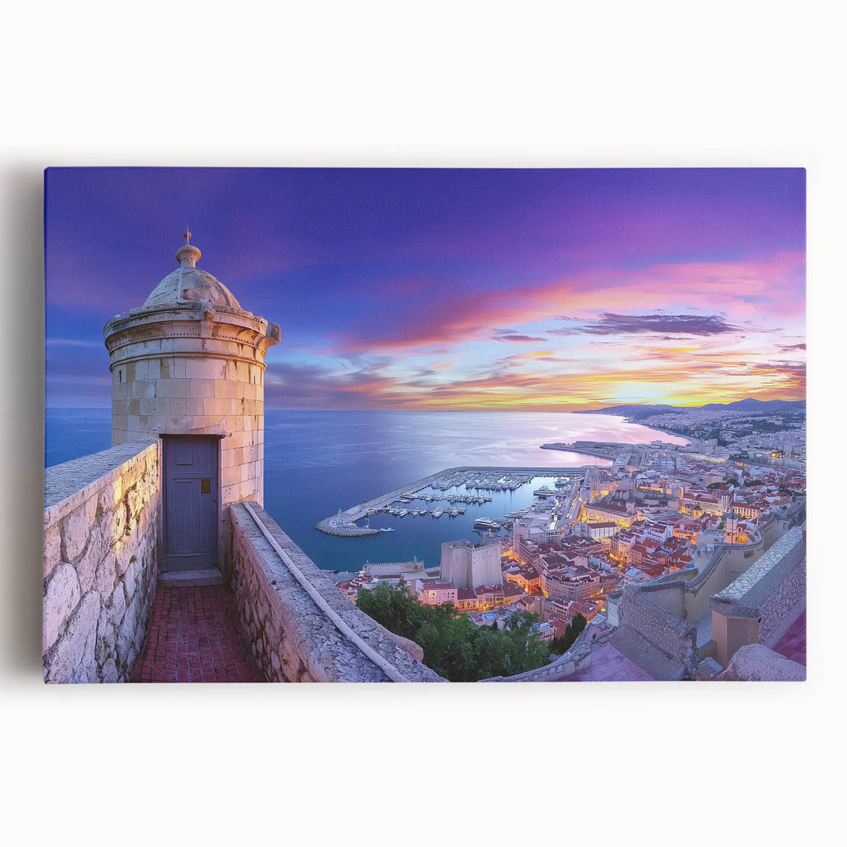 Stretched canvas artwork depicting a majestic landscape with a castle, featuring vibrant colors and intricate details, ideal for enhancing home decor.