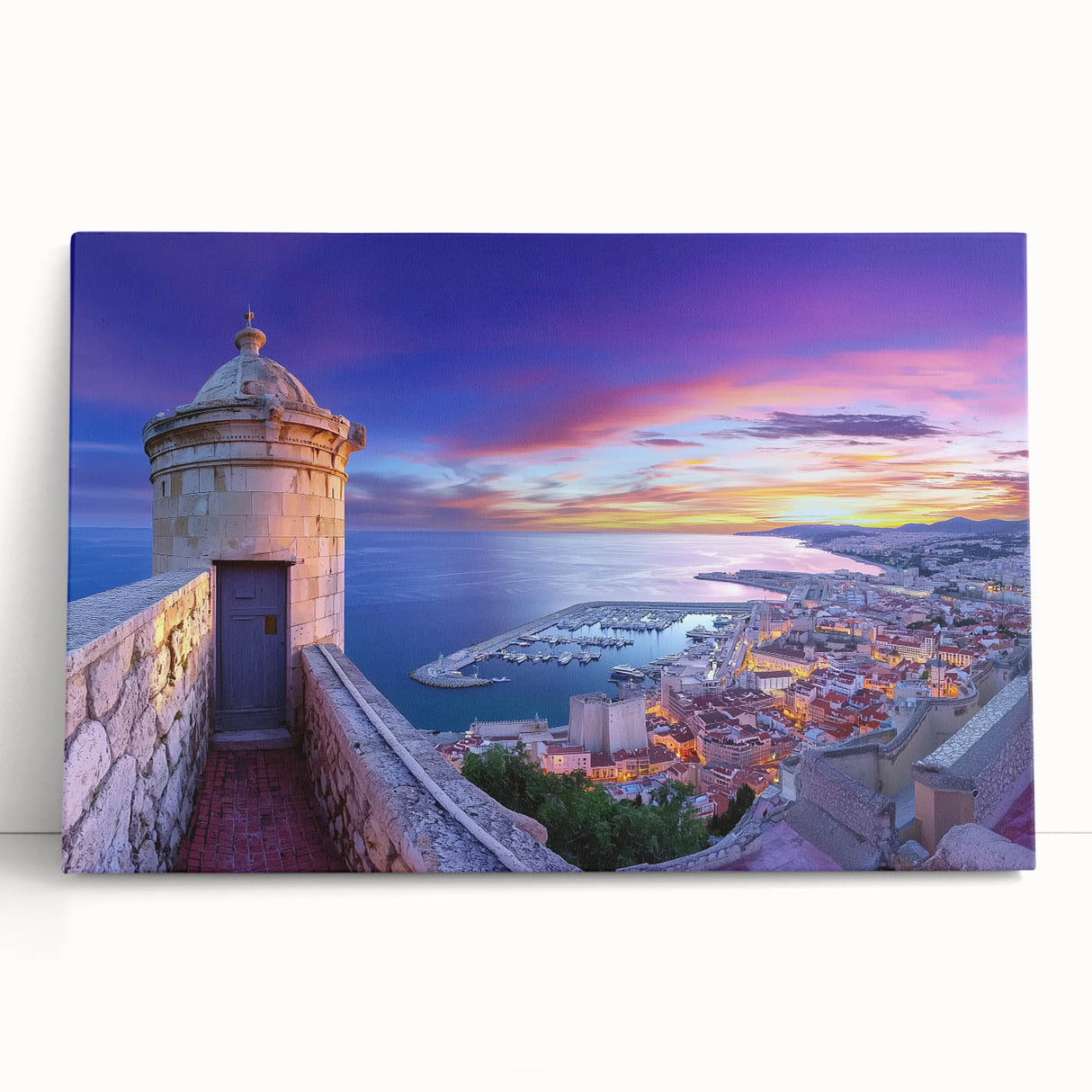 Stretched canvas artwork showcasing a picturesque landscape with a majestic castle, vibrant colors, and intricate details, perfect for home decor enthusiasts seeking elegant wall art.