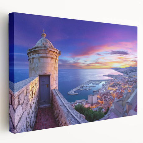 Stretched canvas artwork depicting a vibrant landscape with a majestic castle set against a serene sky, ideal for home decor and art enthusiasts.