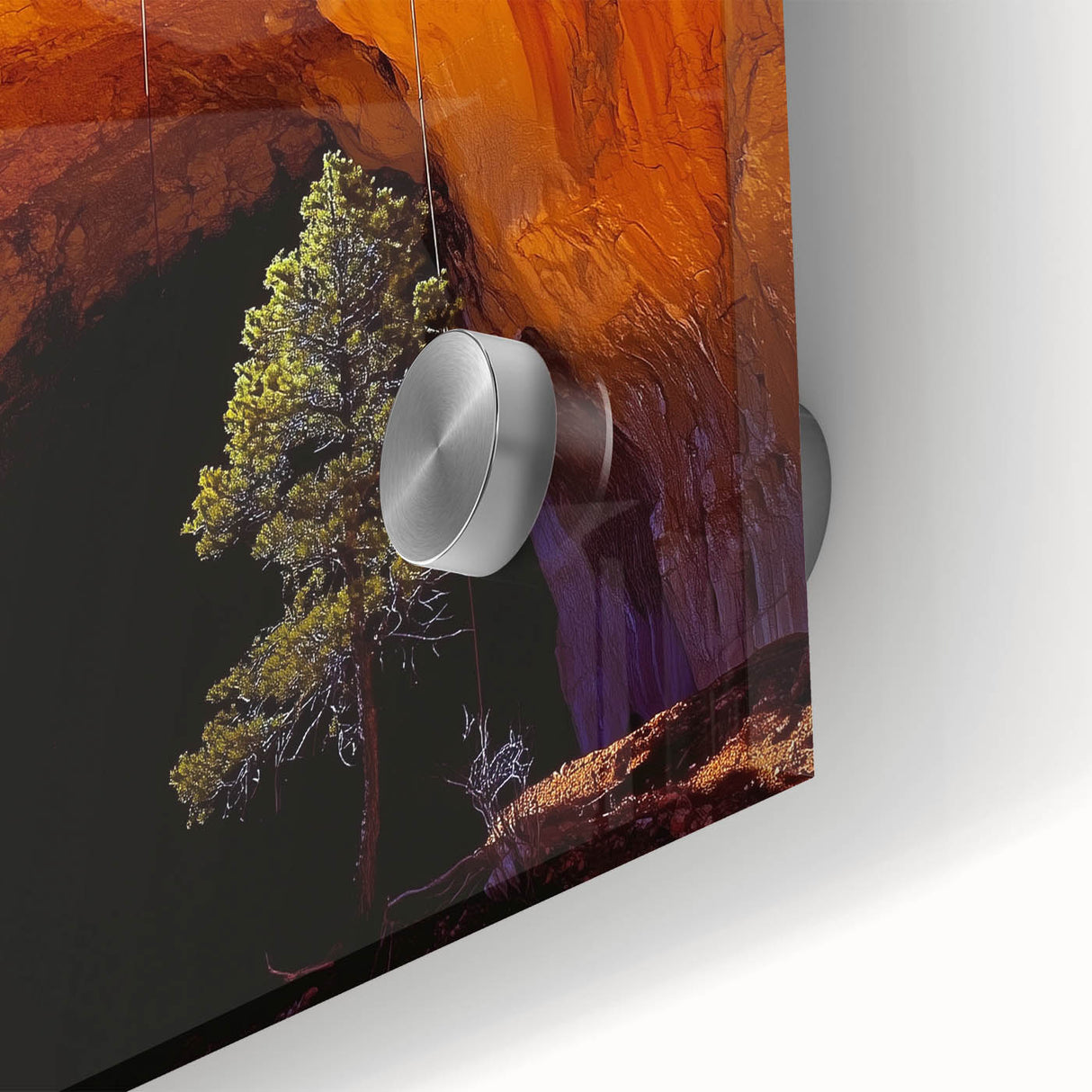 Close-up of a vibrant acrylic glass artwork depicting an abstract landscape with intricate cave formations, showcasing rich colors and detailed textures, perfect for modern decor.