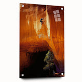 Acrylic landscape artwork of cave formations displayed in a side view, showcasing intricate textures and vibrant colors, secured with pins for stability.