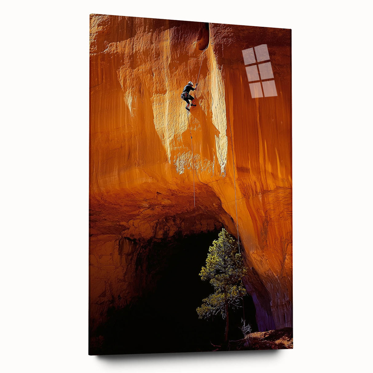 Acrylic glass artwork showcasing a side view of a stunning landscape featuring intricate cave formations, perfect for modern home decor with vibrant colors and detailed textures.