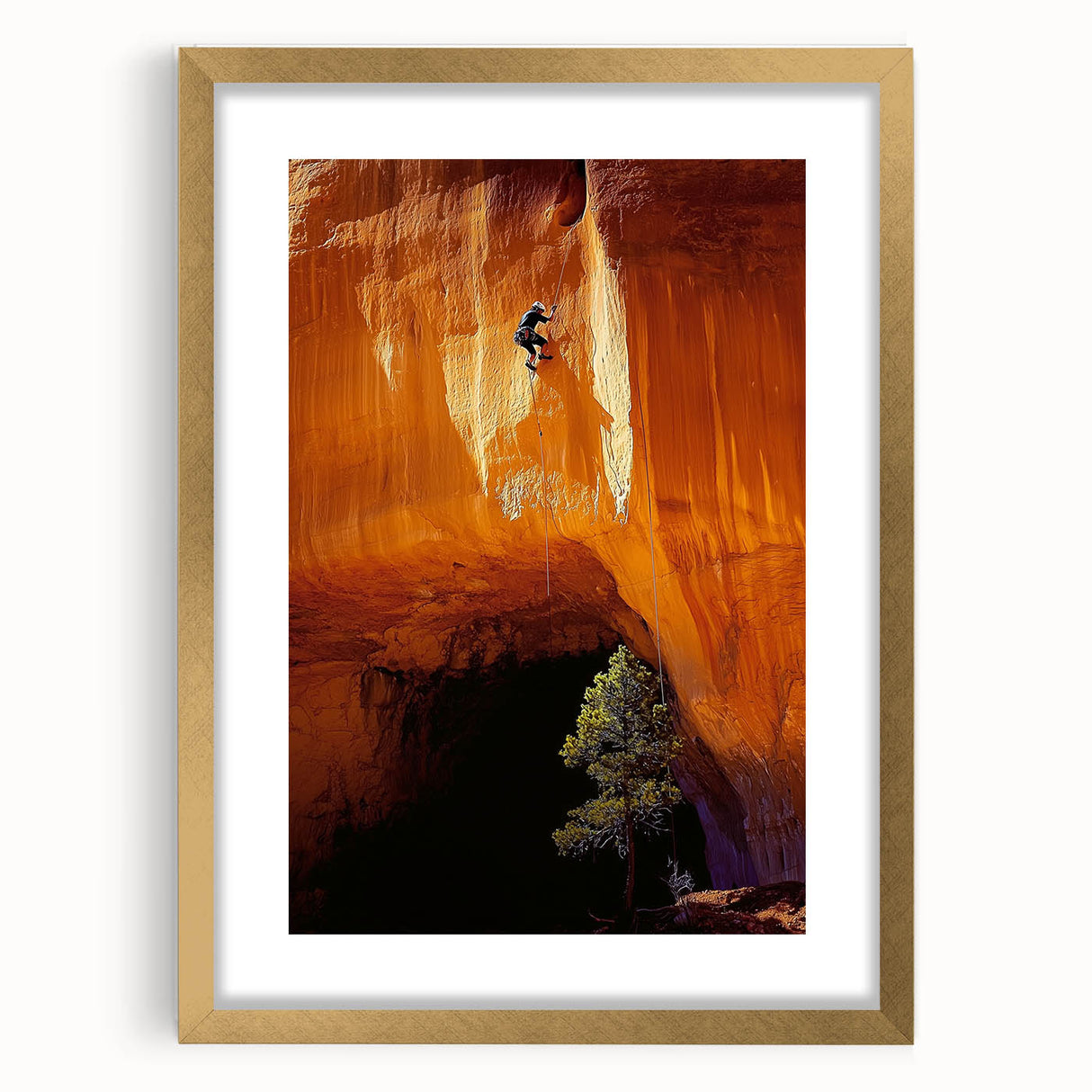 Elegant gold-framed landscape artwork featuring intricate cave designs, displayed with a white mat for contrast, perfect for enhancing home decor.
