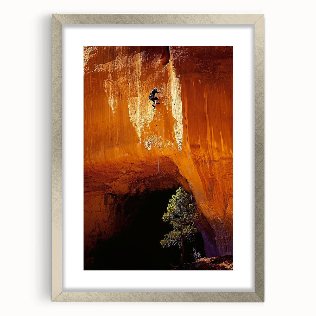 Elegant silver-framed landscape artwork featuring a serene cave scene, complemented by a white mat for a polished presentation, perfect for home decor enhancement.