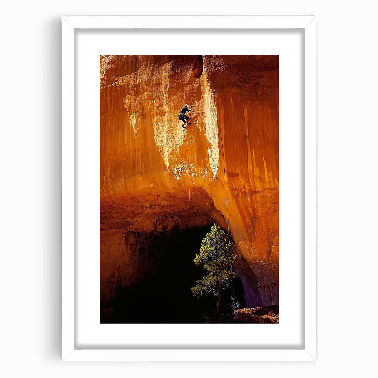 Framed landscape artwork showcasing a cave scene with intricate details, set against a white mat for a sophisticated presentation, ideal for home décor.