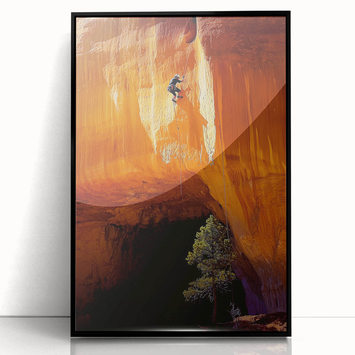 Framed acrylic artwork showcasing a stunning landscape of caves, featuring deep earthy tones and intricate details, designed to enhance modern home decor.