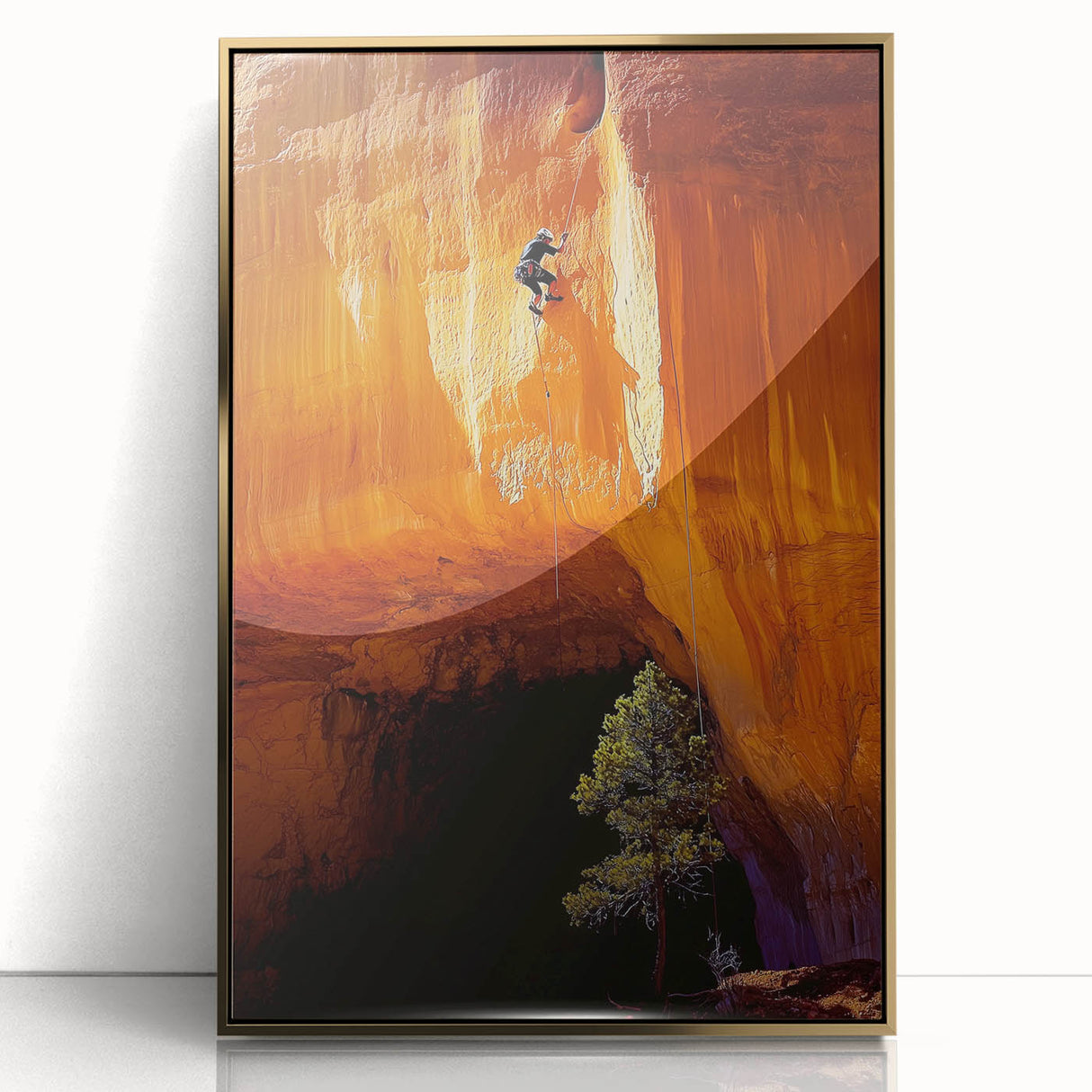 Framed acrylic artwork depicting a stunning landscape of caves, showcasing intricate details and a gold frame, perfect for home decor and art enthusiasts.