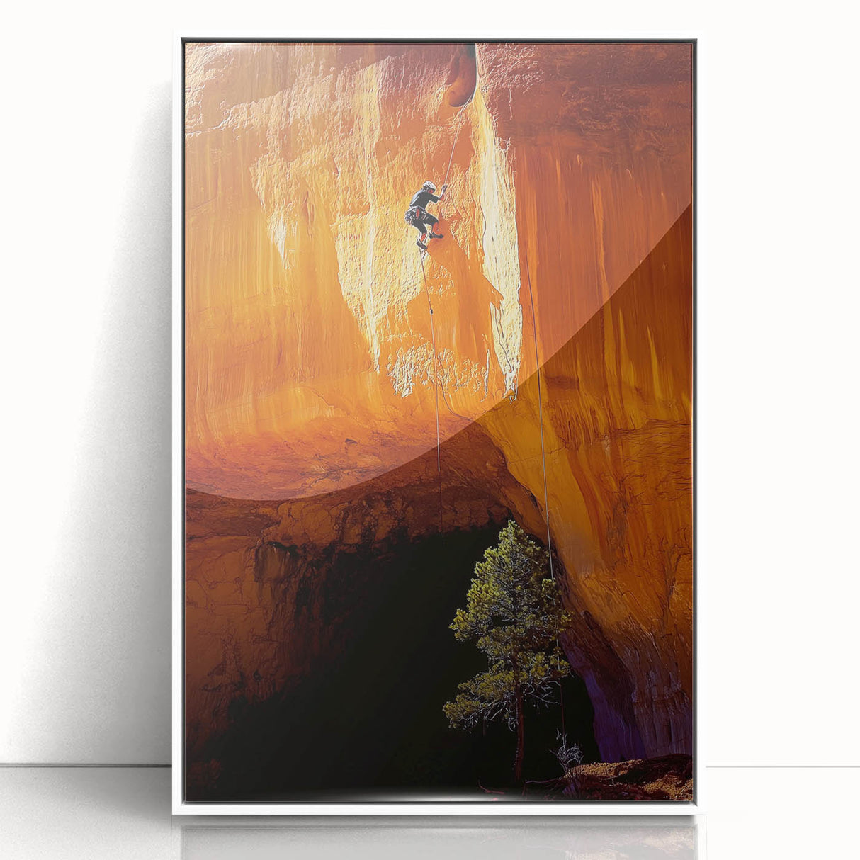 Framed acrylic artwork depicting a serene landscape with caves, featuring vibrant colors and intricate details, displayed from a front view against a white background.
