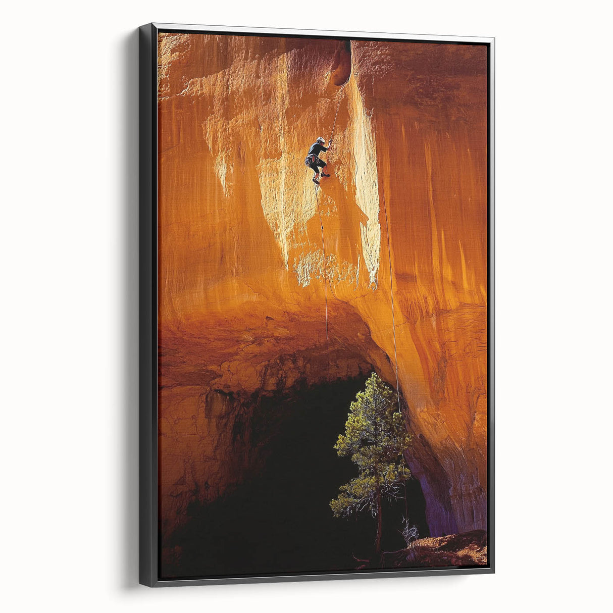Framed canvas artwork depicting a serene landscape with caves, featuring a black side view. Ideal for modern home decor, adding depth and tranquility to any space.