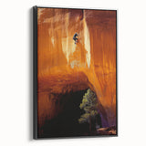 Framed canvas artwork depicting a serene landscape with caves, featuring a black side view. Ideal for modern home decor, adding depth and tranquility to any space.