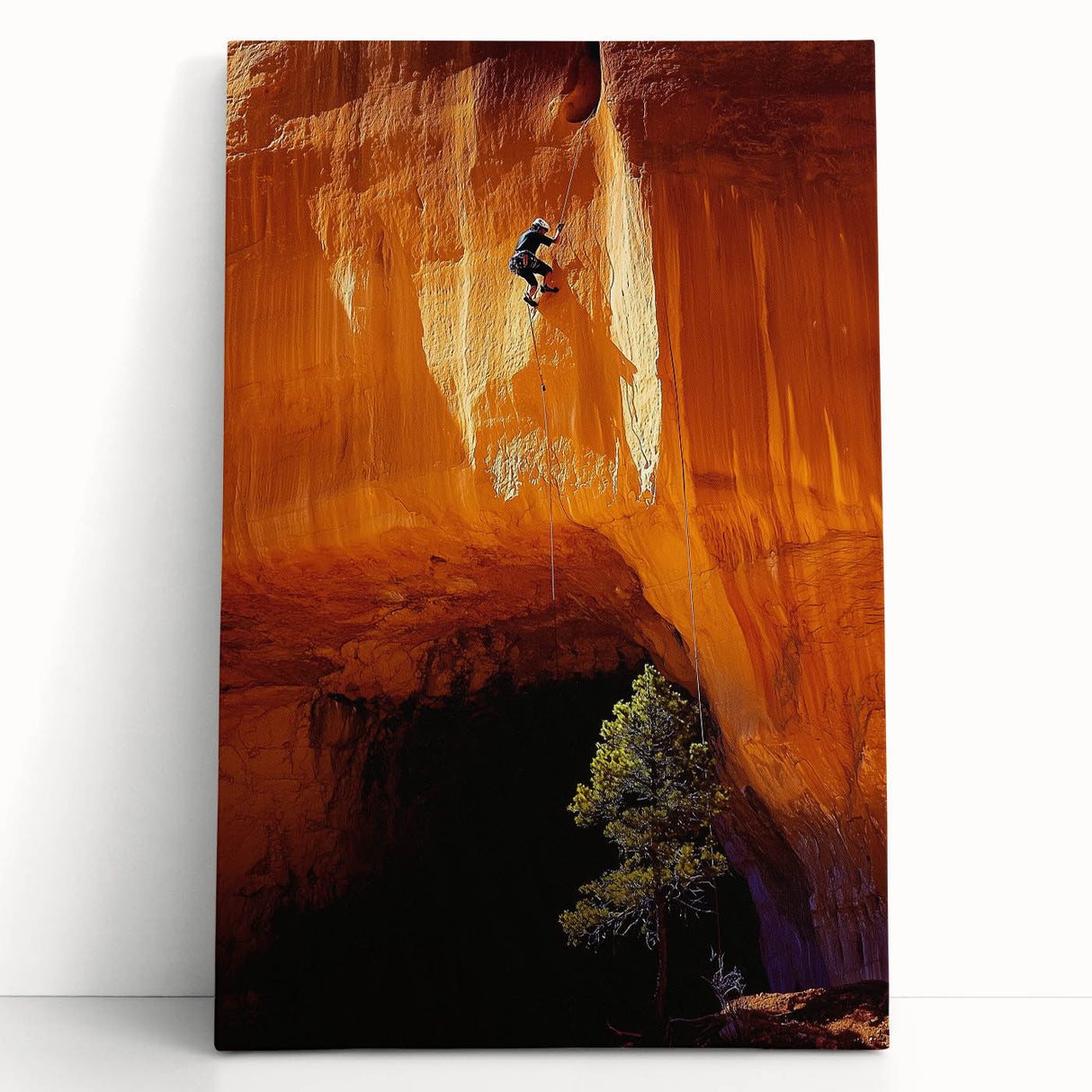 Stretched canvas artwork depicting a serene landscape with caves, showcasing earthy tones and intricate details, ideal for enhancing home decor aesthetics.