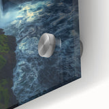 Close-up of an acrylic landscape artwork showcasing dramatic cliffs and vivid colors, highlighting texture and detail, perfect for modern home decor.