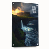 Acrylic artwork depicting dramatic cliffs in a landscape view, displayed with elegant glass framing and pin supports, enhancing the visual depth and detail.