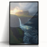 Framed acrylic artwork depicting dramatic cliffs and landscapes in vibrant colors, set in a sleek black frame, ideal for modern home decor.