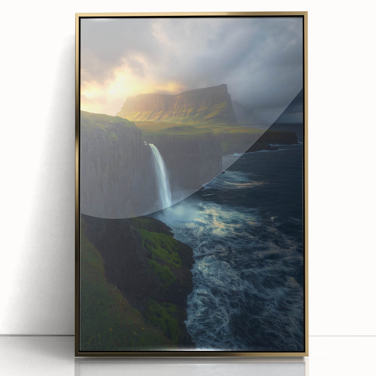 Framed acrylic artwork depicting a stunning cliff landscape, featuring rich gold accents and vivid colors, ideal for modern home decor or office settings.
