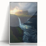 Framed acrylic artwork showcasing a vibrant landscape with dramatic cliffs, set in a sleek white frame, perfect for enhancing modern home decor.