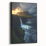 Framed canvas art depicting a stunning landscape with cliffs under a vibrant sunset, showcasing rich colors and detailed textures, perfect for home decor.