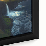 Close-up of a framed canvas artwork depicting vibrant cliffs and landscapes, showcasing rich colors and intricate details, perfect for enhancing living spaces.