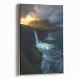 Framed canvas artwork depicting a serene landscape with dramatic cliffs and lush greenery, showcasing a silver side profile, perfect for home decor.